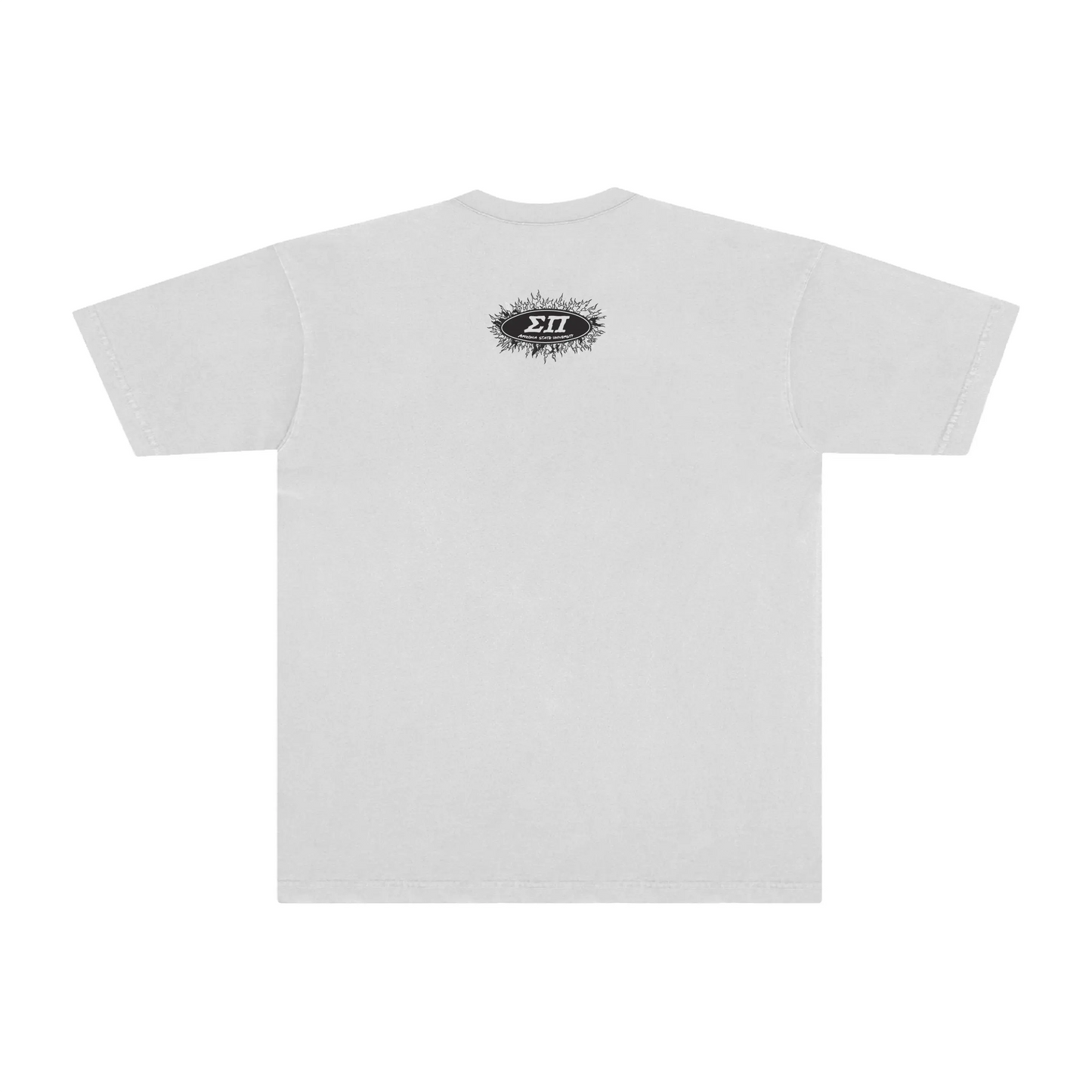 White T-shirt with small ΣΠ flame oval below neckline, rear view