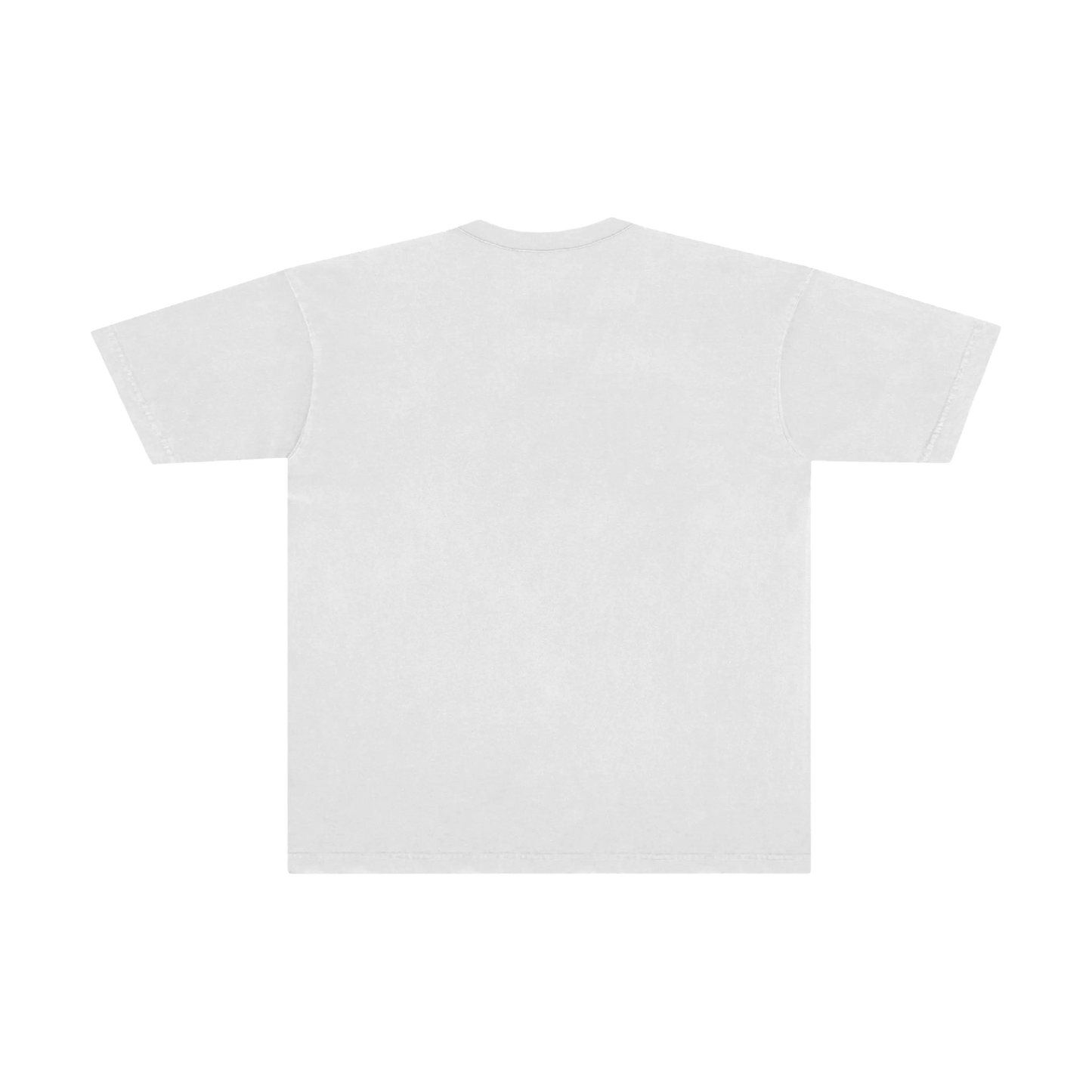 A plain white boxy short-sleeve T-shirt displayed from the back