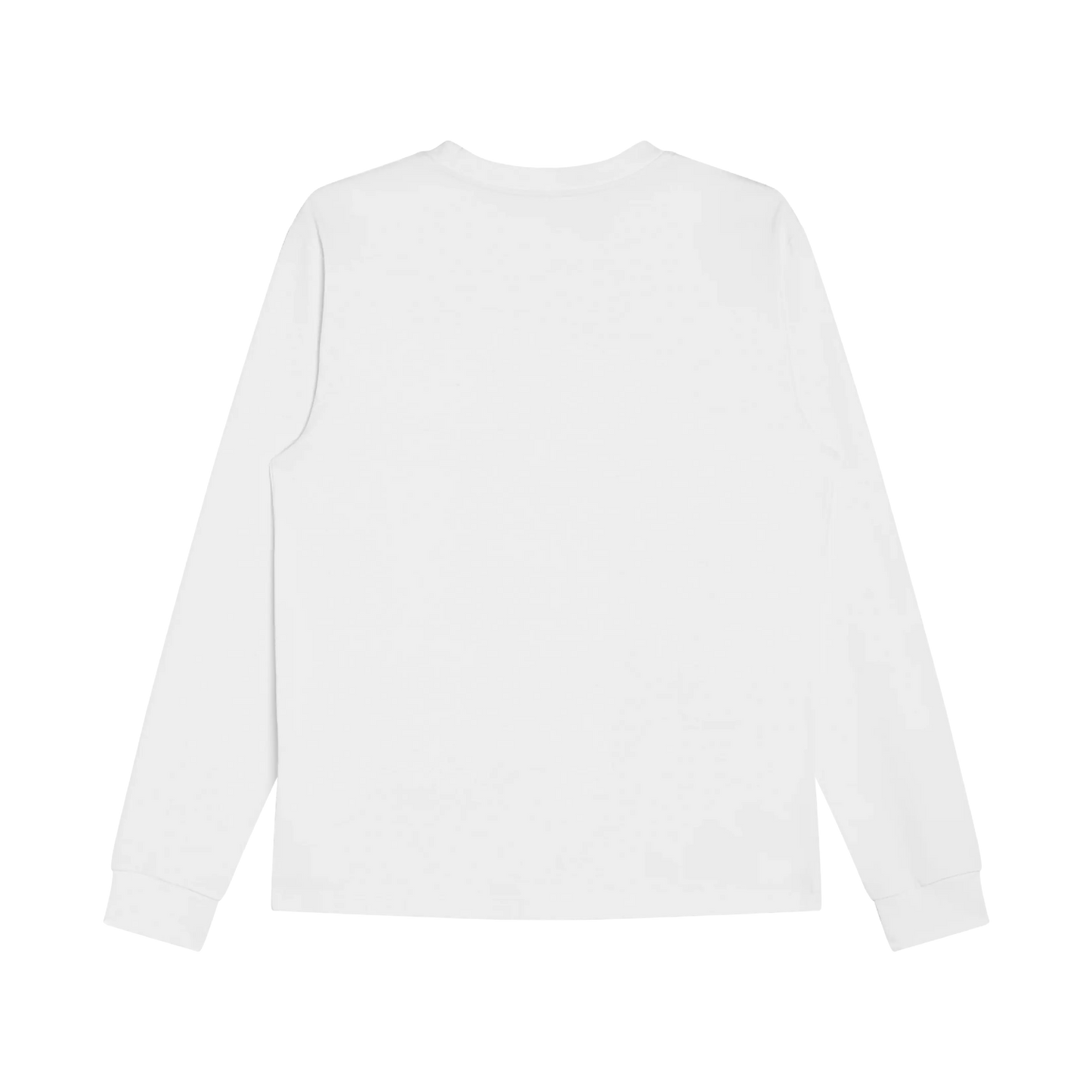 A white long-sleeve T-shirt with a chest pocket, displayed from the back