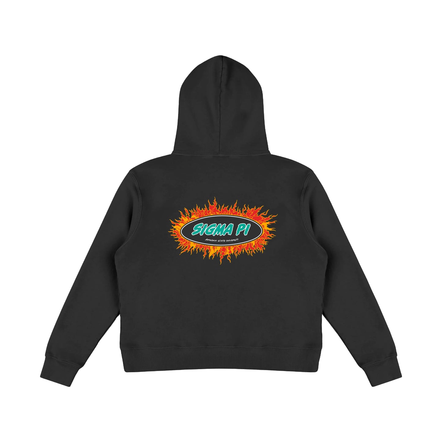 Black hoodie with large SIGMA PI flame oval graphic on back, rear view.