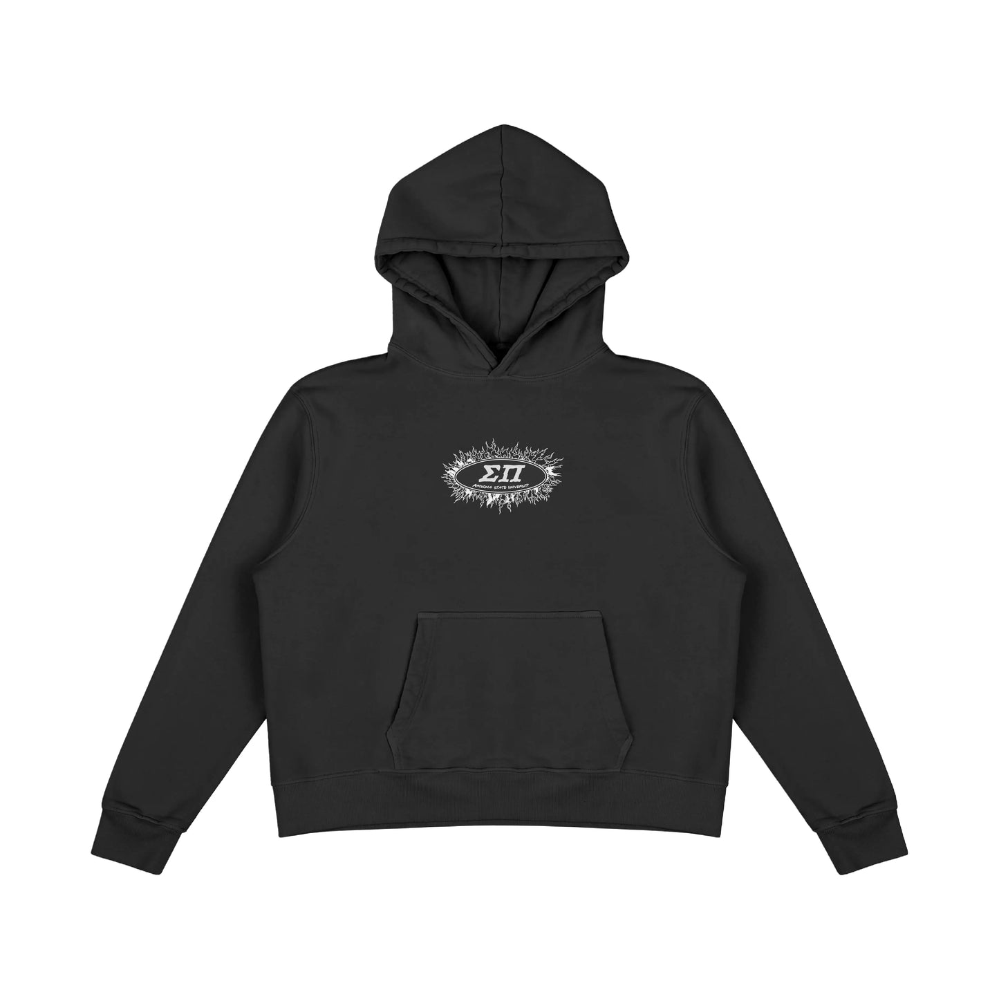 Black hoodie with small ΣΠ oval flame logo on chest, front view