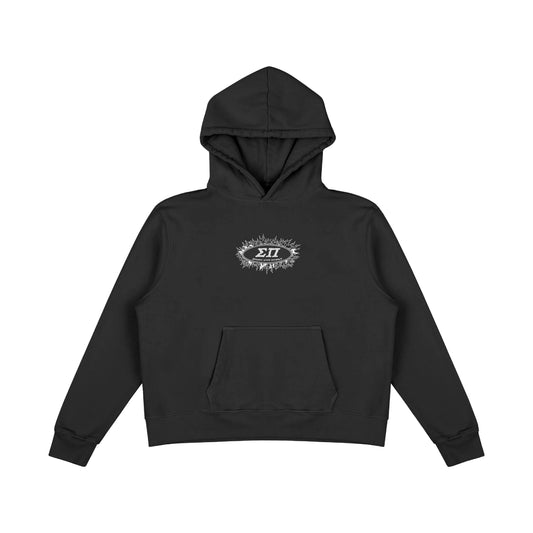Black hoodie with small ΣΠ oval flame logo on chest, front view