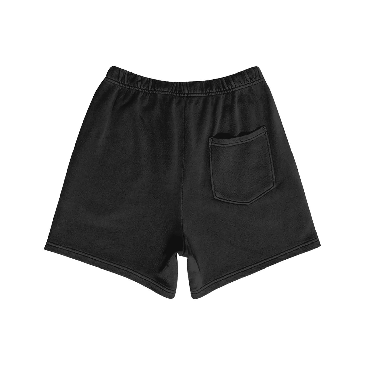 Black shorts with back pocket, rear view.