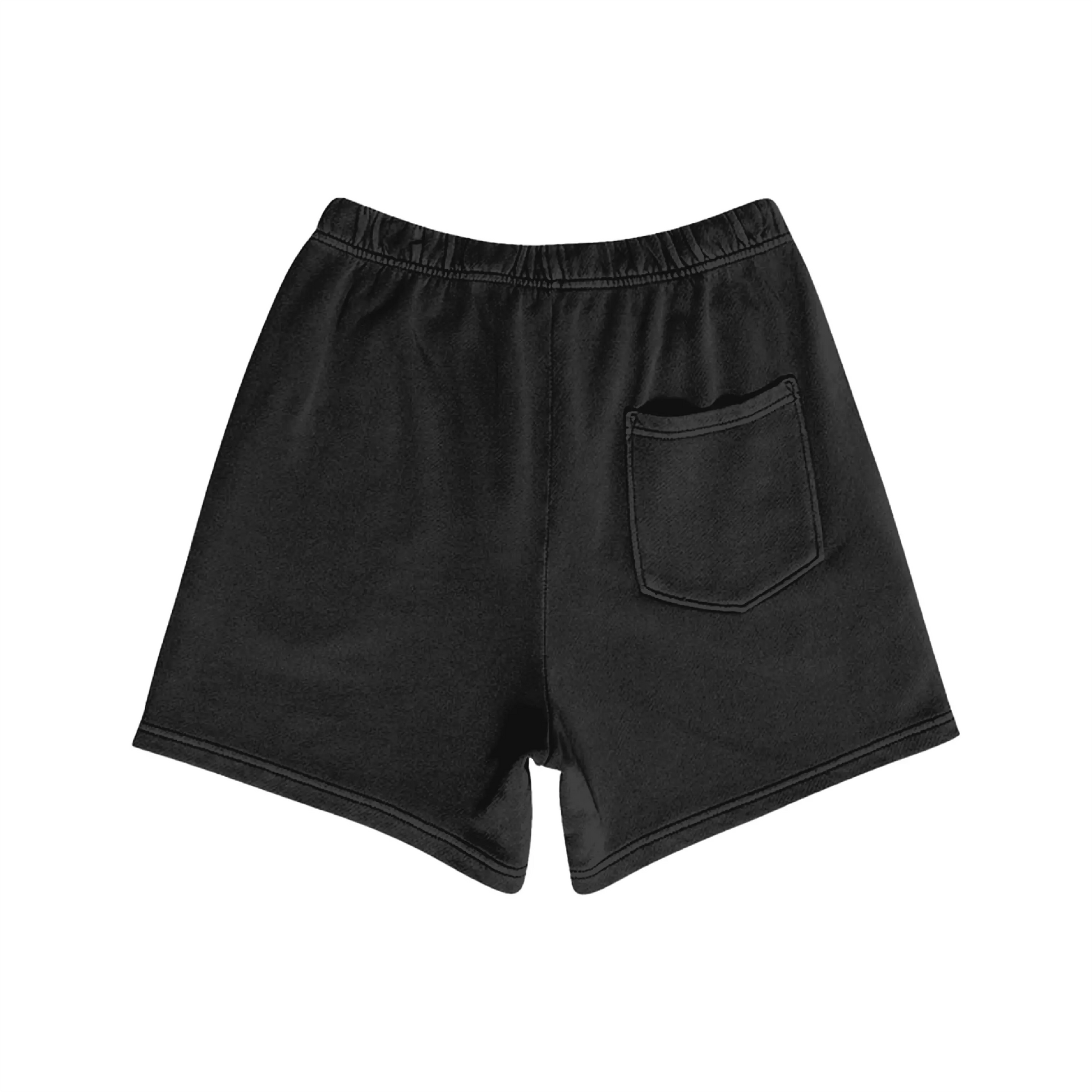 Black shorts with back pocket, rear view.