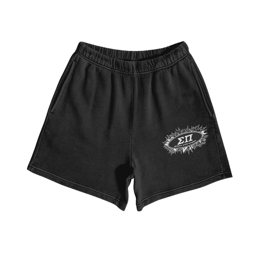 Black shorts with small ΣΠ flame oval on left leg, front view.