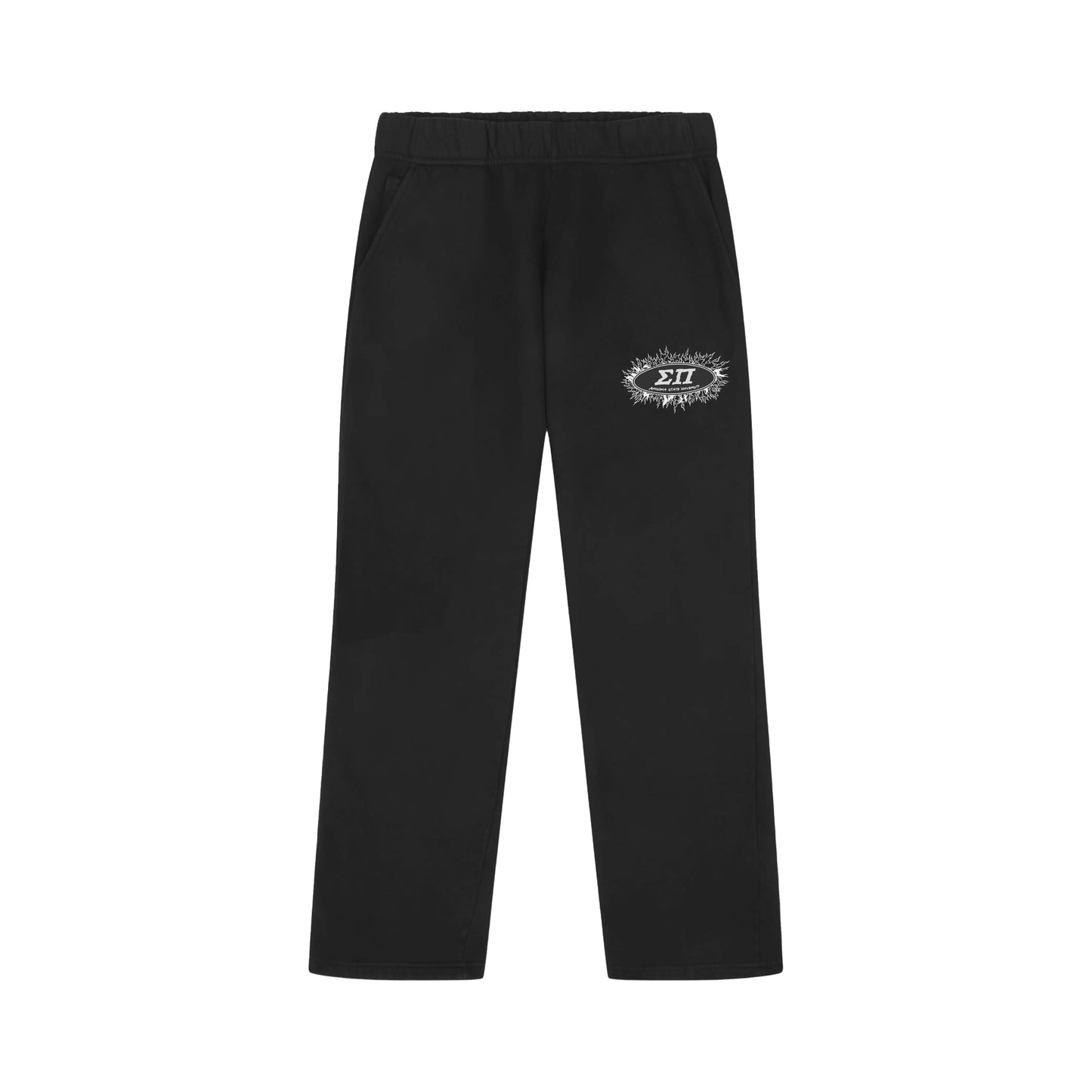 Black sweatpants with small ΣΠ flame oval on left thigh, front view.