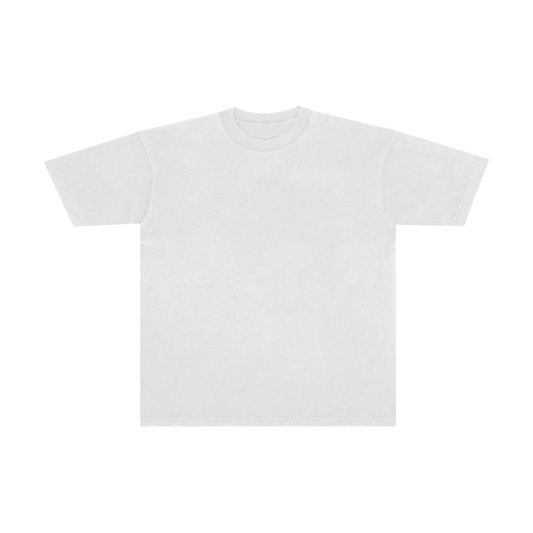 A plain white boxy short-sleeve T-shirt displayed from the front
