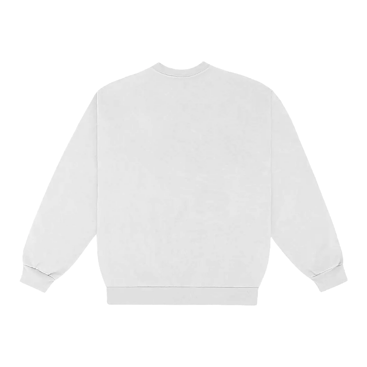 A white crewneck long-sleeve sweatshirt displayed from the back