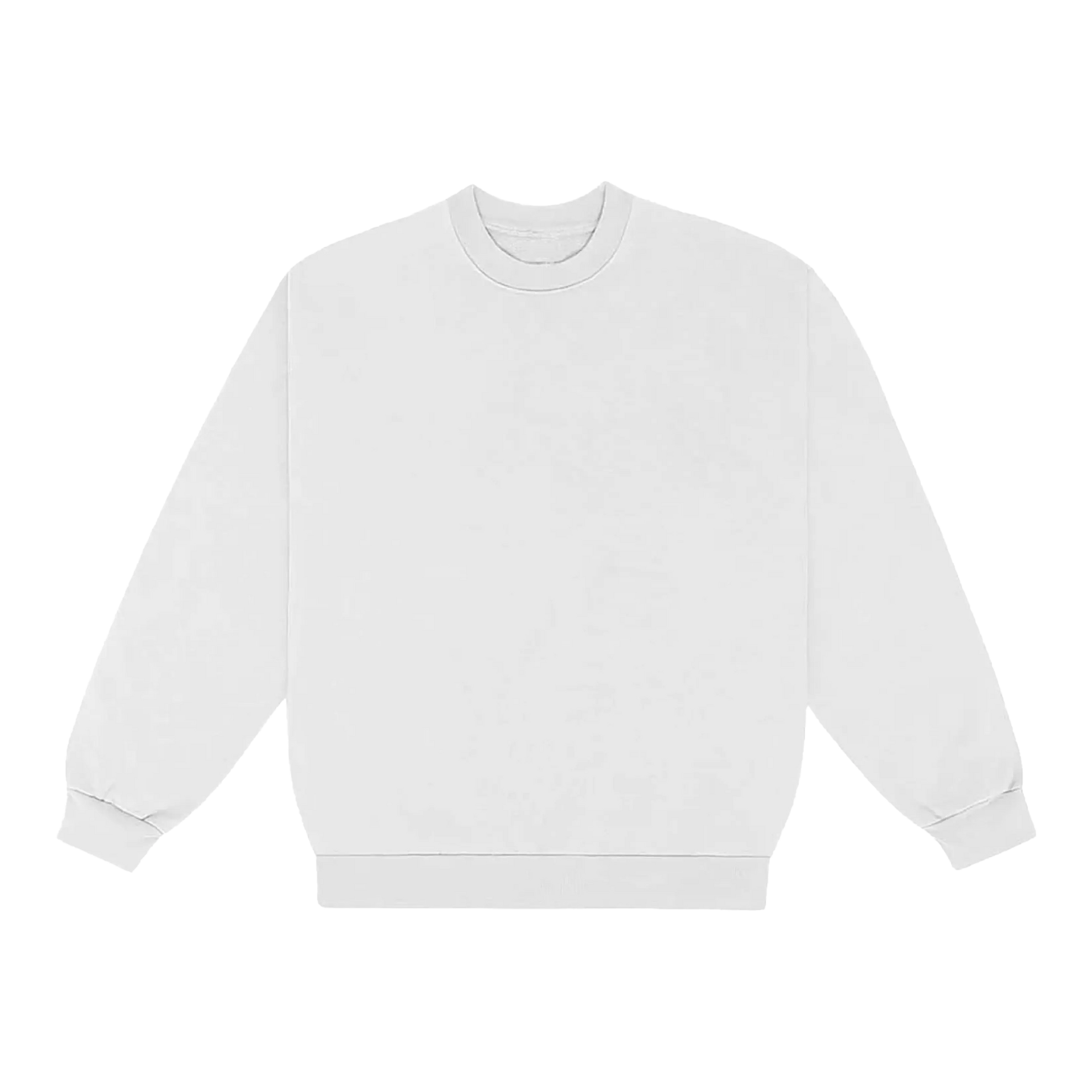 A white crewneck long-sleeve sweatshirt displayed from the front
