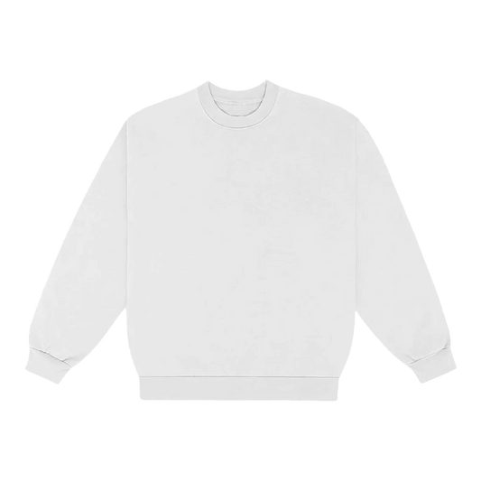 A white crewneck long-sleeve sweatshirt displayed from the front