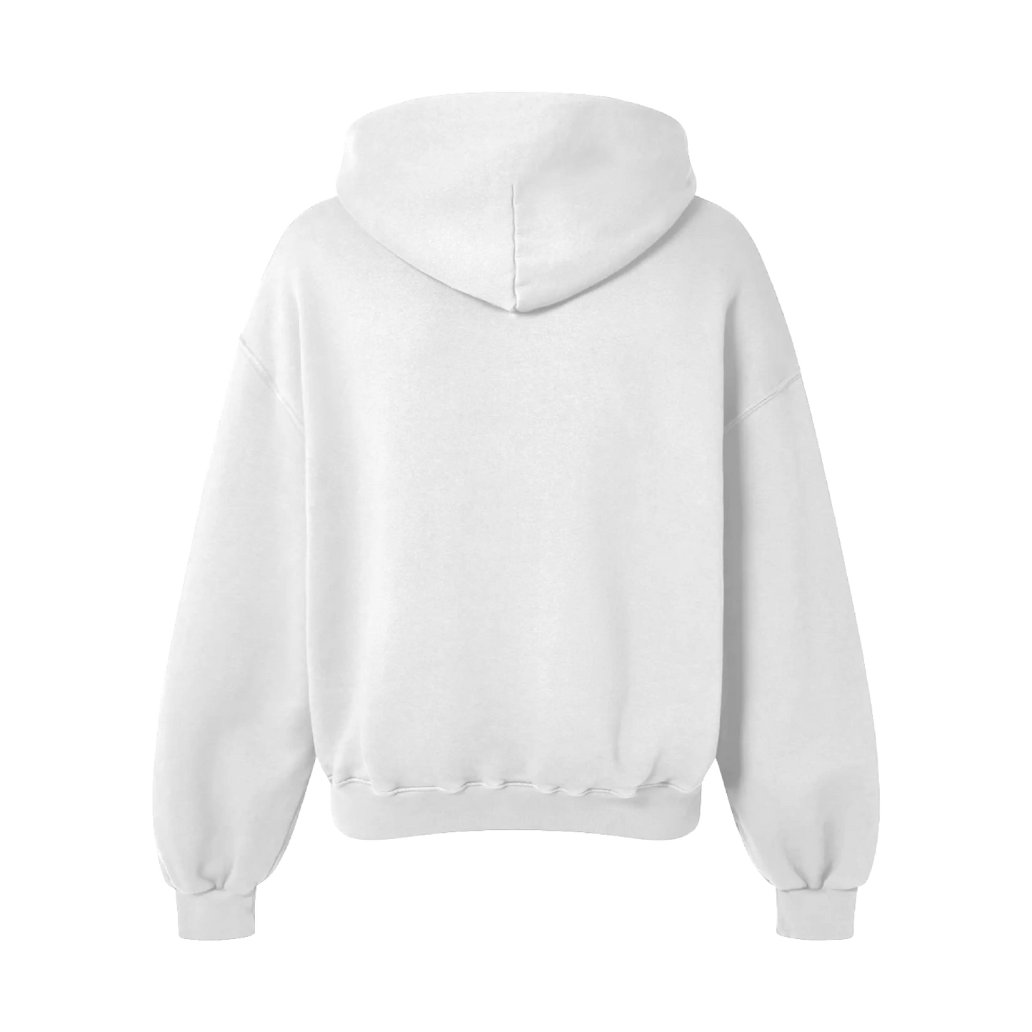 A white hoodie displayed from the back
