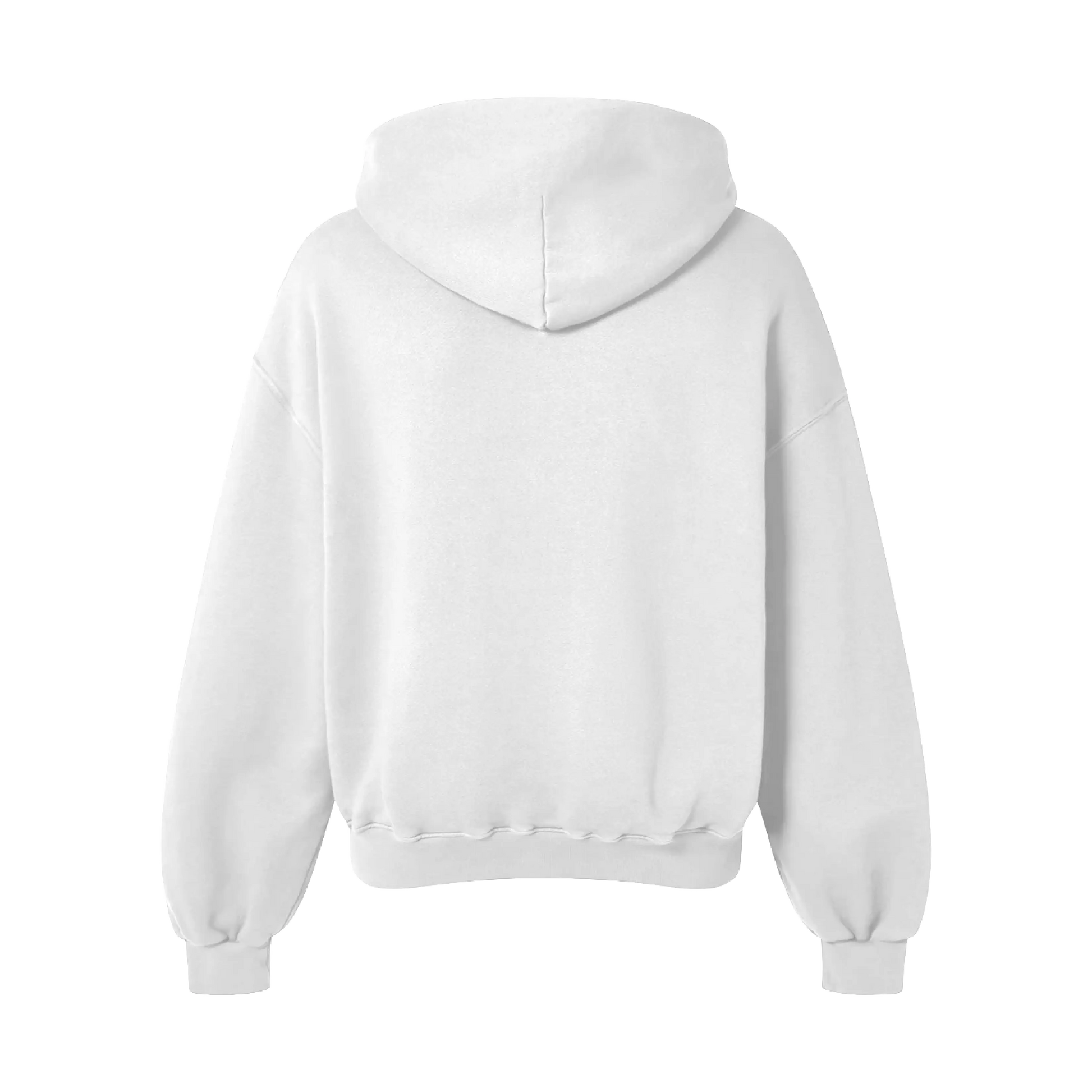 A white hoodie displayed from the back