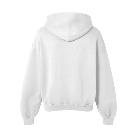 A white hoodie displayed from the back