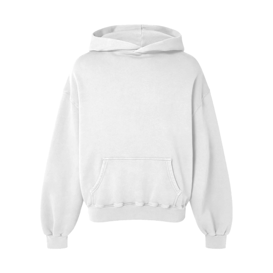 A white hoodie displayed from the front, featuring a front pocket