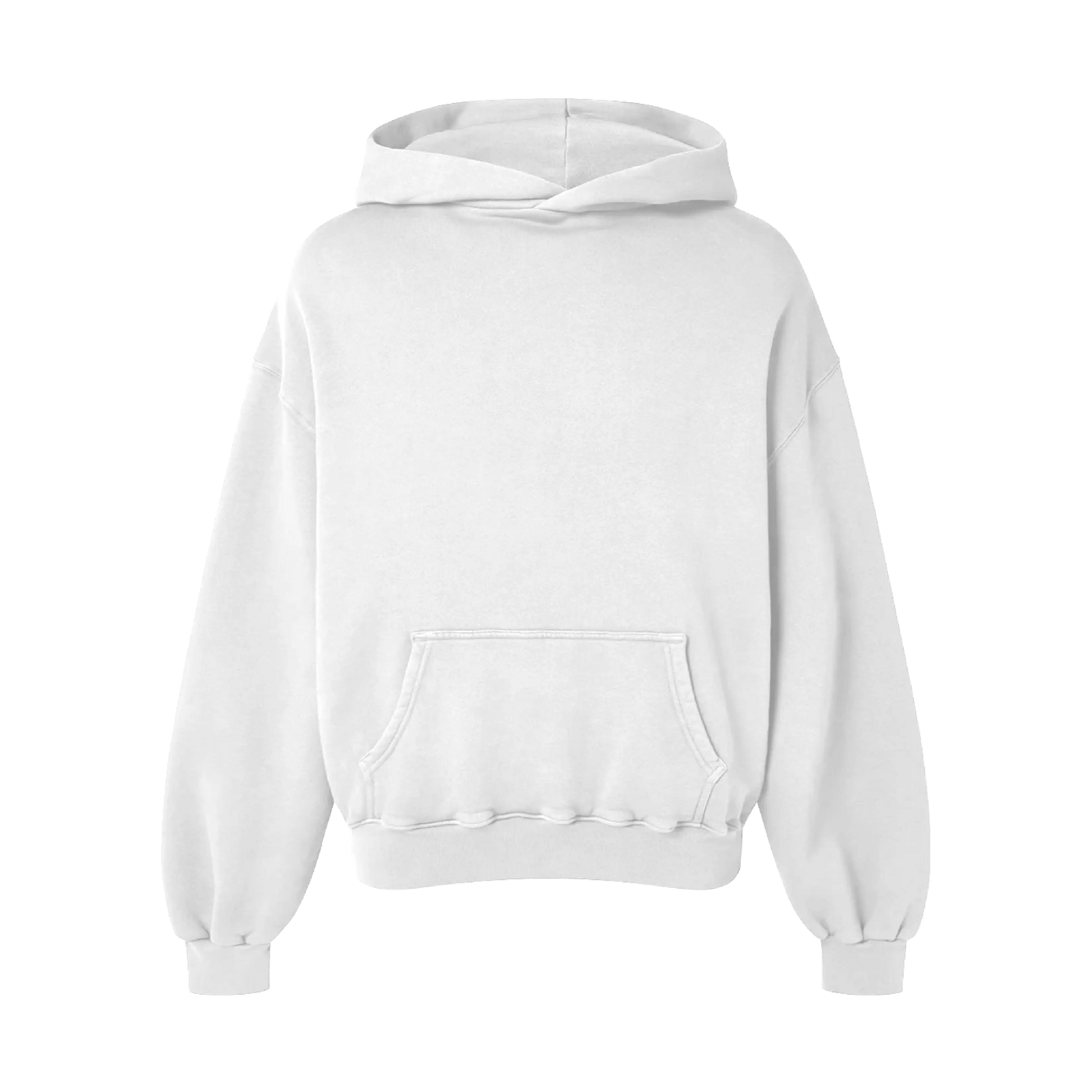 A white hoodie displayed from the front, featuring a front pocket