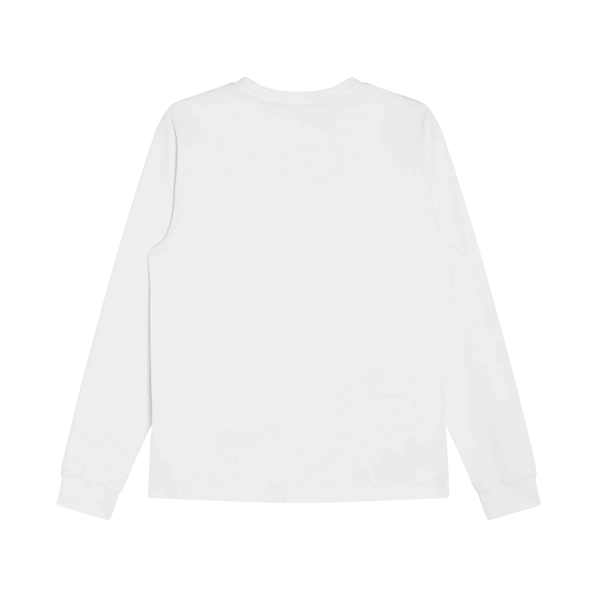 A white long-sleeve T-shirt with a chest pocket, displayed from the back