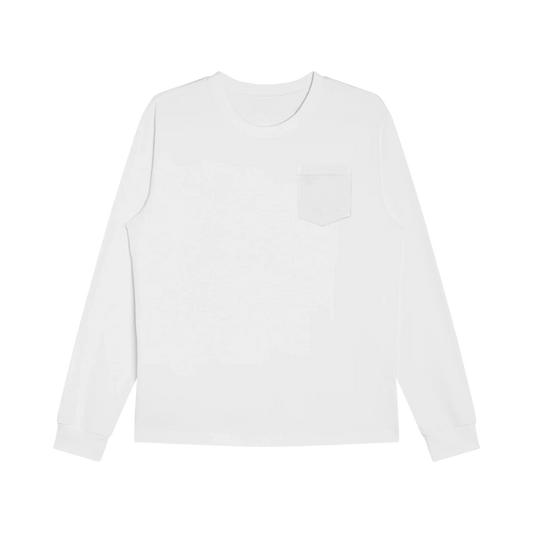 A white long-sleeve T-shirt with a chest pocket