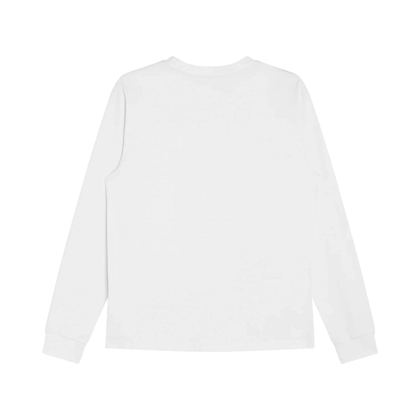 A white long-sleeve T-shirt displayed from the back