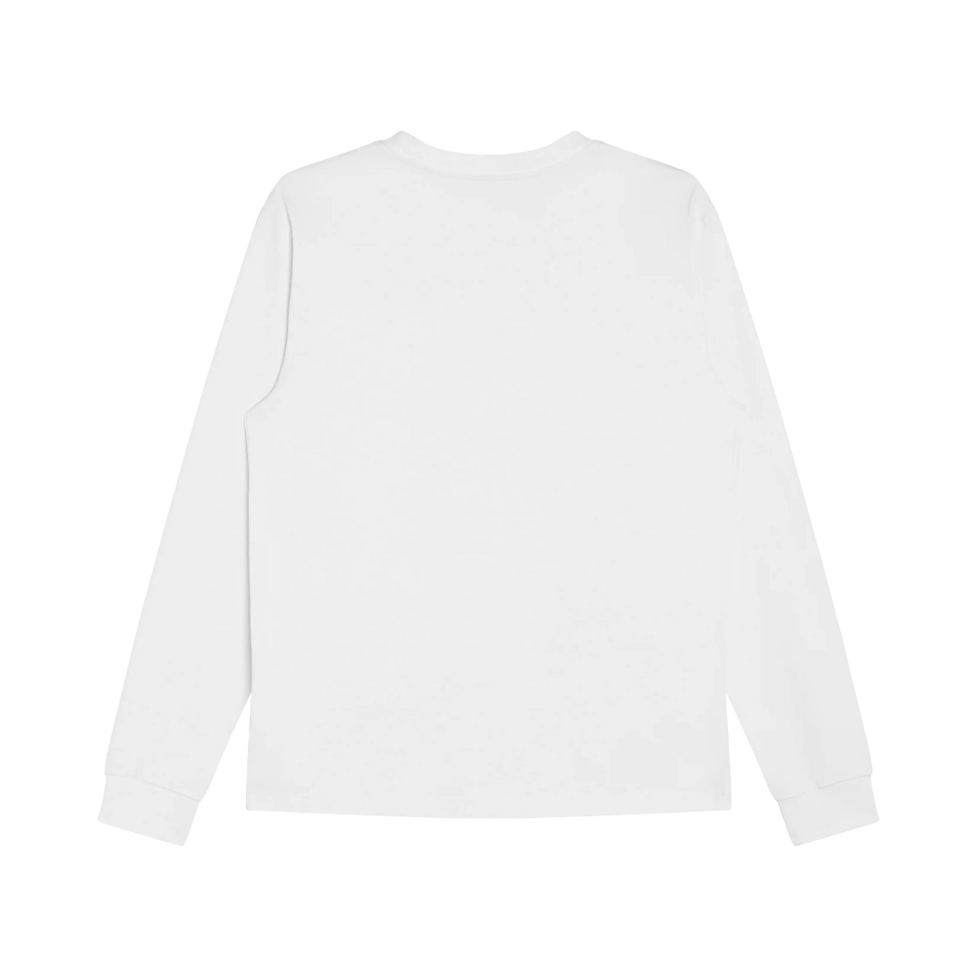 A white long-sleeve T-shirt displayed from the back