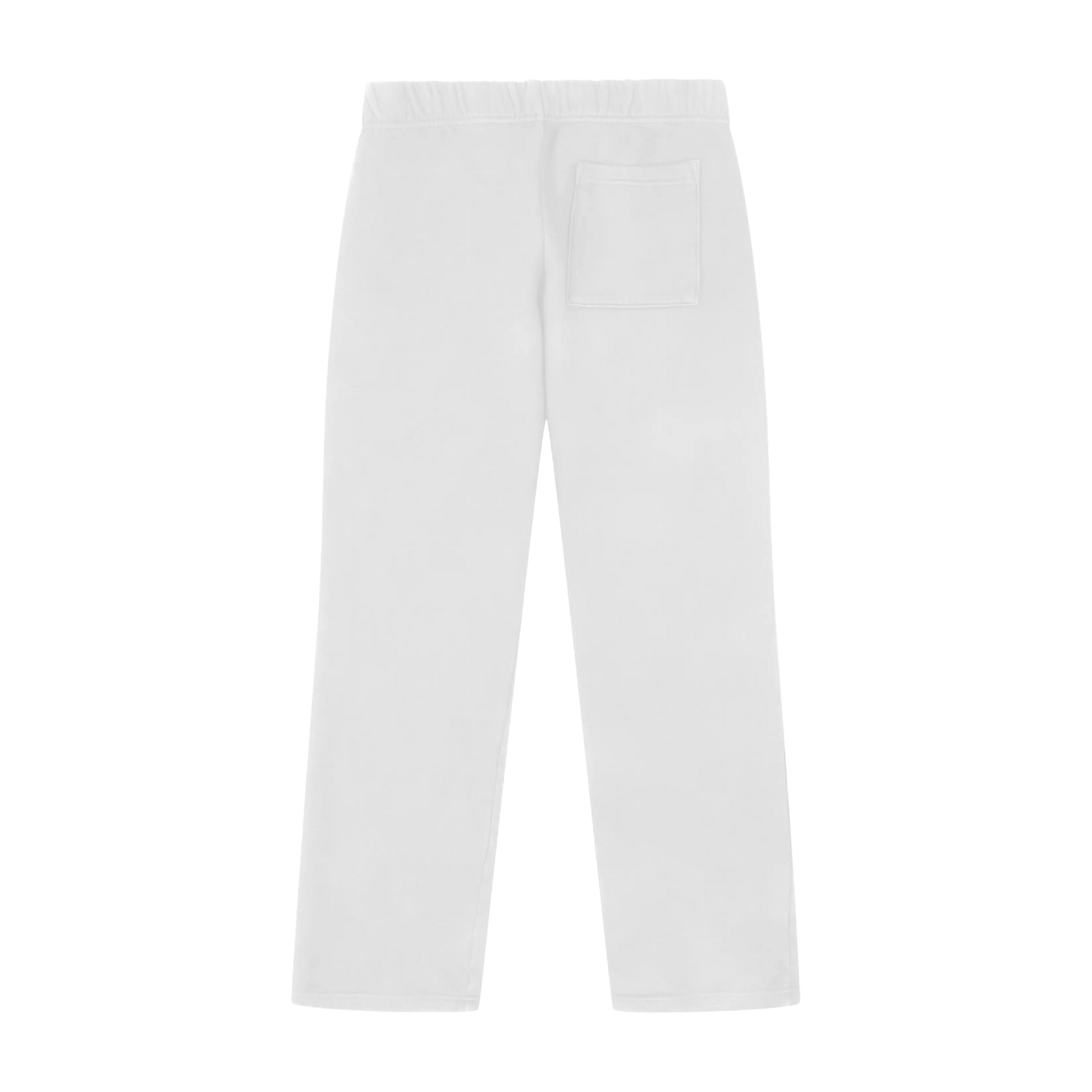 A pair of white wide-leg pants displayed from the back, featuring a back pocket