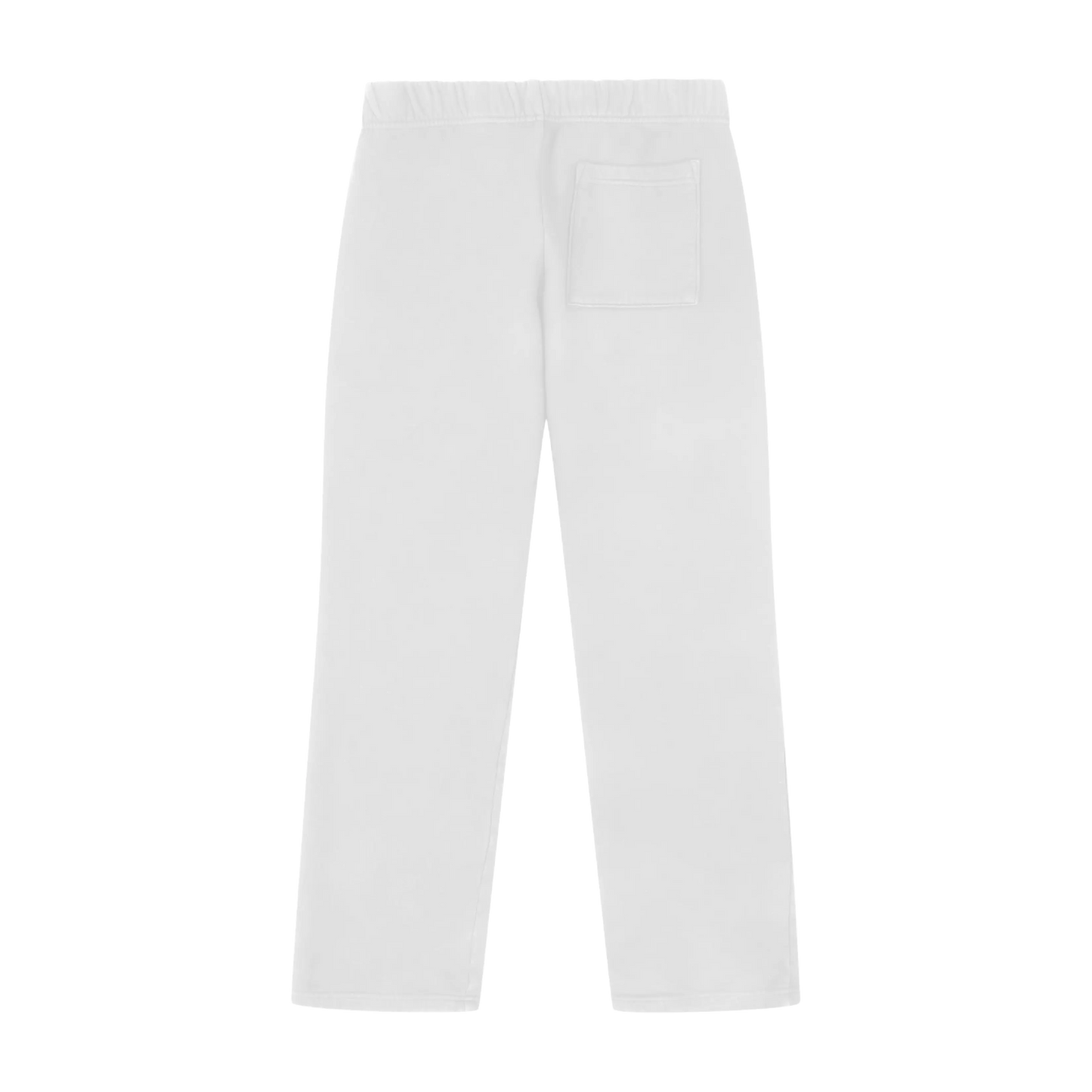 A pair of white wide-leg pants displayed from the back, featuring a back pocket