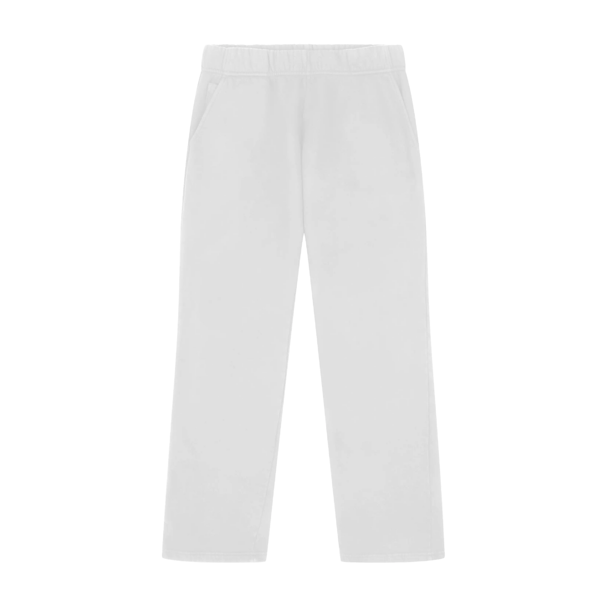 A pair of white wide-leg pants with an elastic waistband