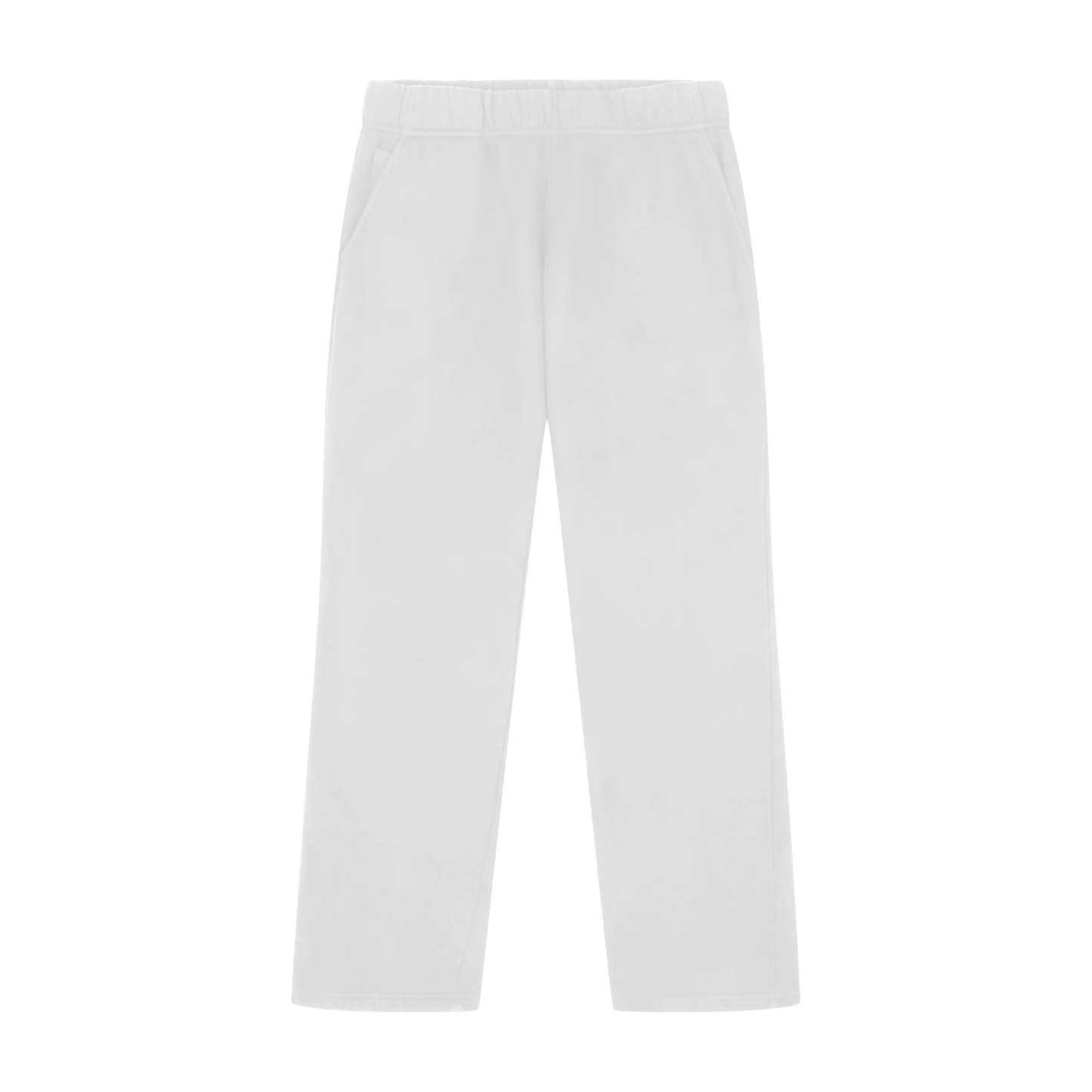 A pair of white wide-leg pants with an elastic waistband