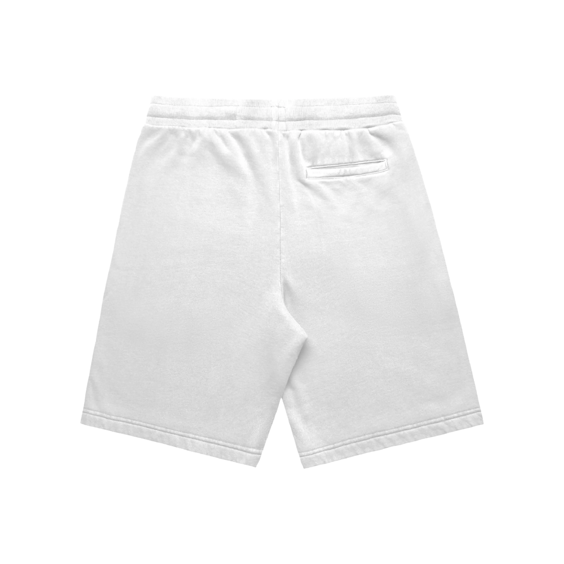 A pair of white wide-leg shorts displayed from the back, featuring a small back pocket